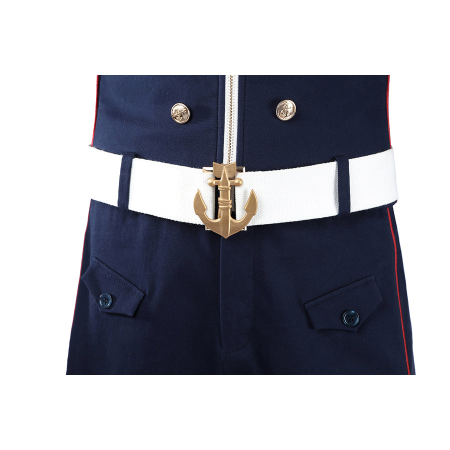 The Boys Torpedo cosplay belt front detail anchors the white belt below the zippered jacket.