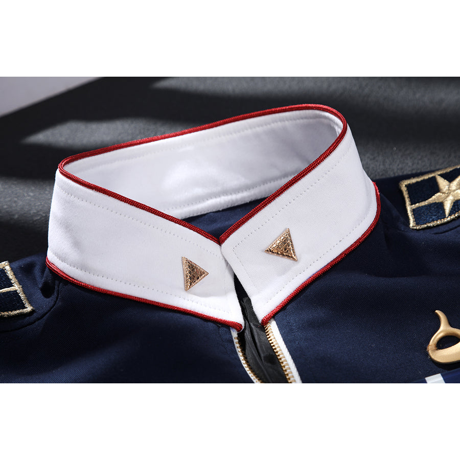 The Boys Torpedo cosplay collar detail sets white faux leather panels against red piping.