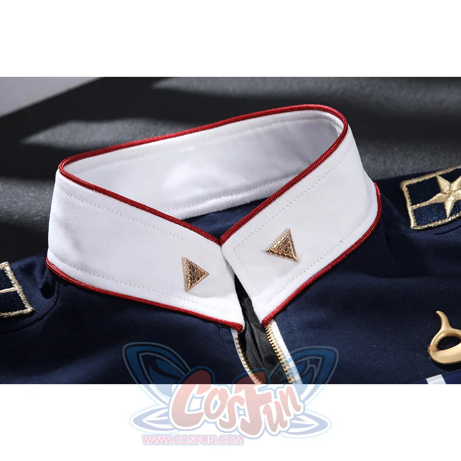 The Boys Torpedo cosplay collar detail sets white faux leather panels against red piping.