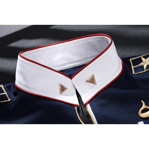 The Boys Torpedo cosplay collar detail sets white faux leather panels against red piping.