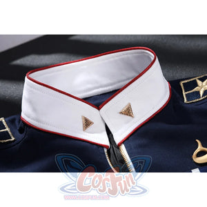 The Boys Torpedo cosplay collar detail sets white faux leather panels against red piping.