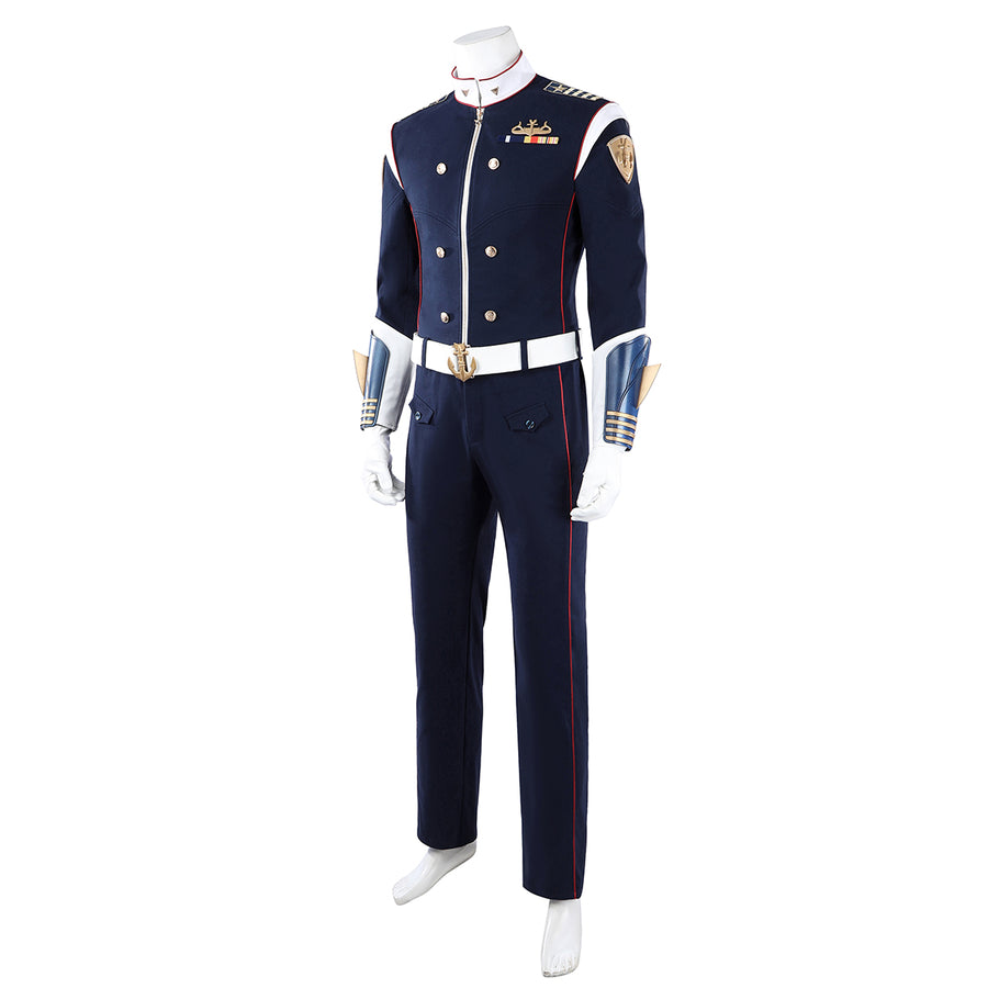 The Boys Torpedo cosplay costume angled view sharpens the navy jacket line beside white wrist guards.