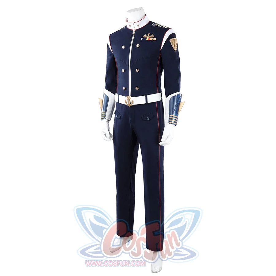 The Boys Torpedo cosplay costume angled view sharpens the navy jacket line beside white wrist guards.