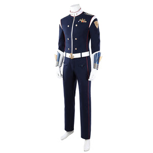 The Boys Torpedo cosplay costume angled view sharpens the navy jacket line beside white wrist guards.