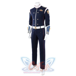 The Boys Torpedo cosplay costume angled view sharpens the navy jacket line beside white wrist guards.