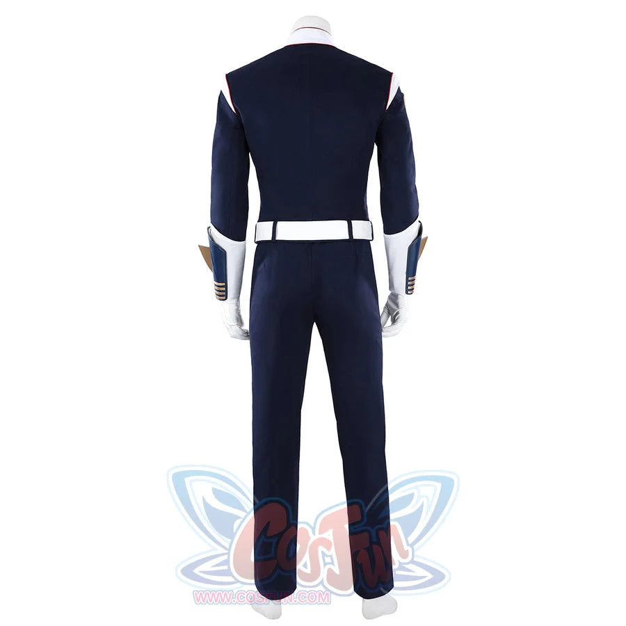 The Boys Torpedo cosplay costume back view keeps a plain navy jacket above straight matching pants.