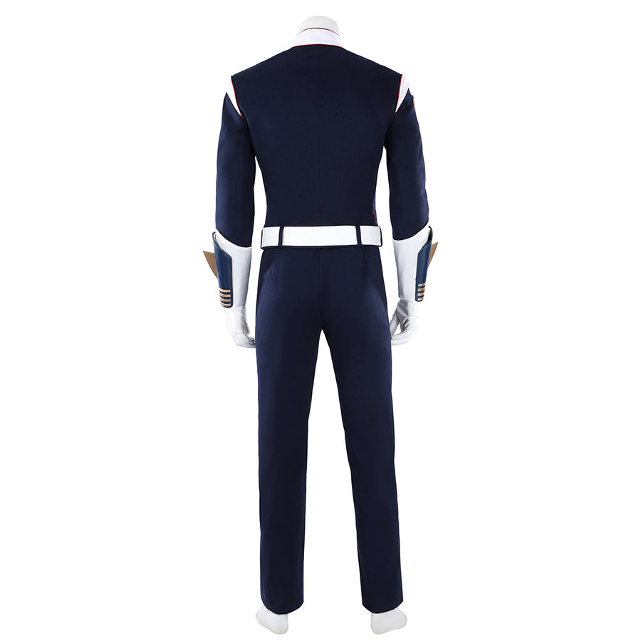 The Boys Torpedo cosplay costume back view keeps a plain navy jacket above straight matching pants.