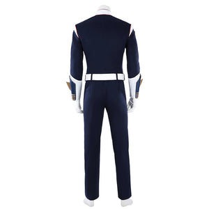 The Boys Torpedo cosplay costume back view keeps a plain navy jacket above straight matching pants.