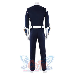 The Boys Torpedo cosplay costume back view keeps a plain navy jacket above straight matching pants.