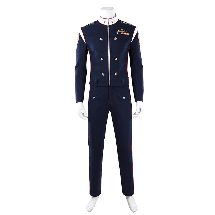 The Boys Torpedo cosplay costume front view centers the high white collar and zippered navy jacket.