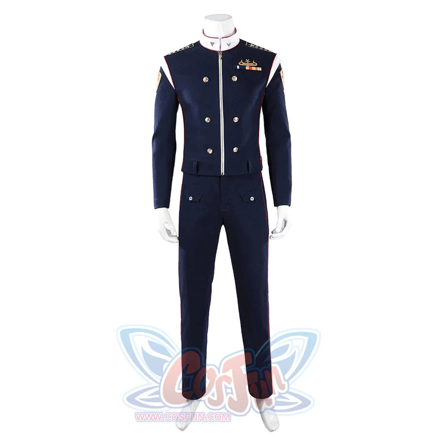 The Boys Torpedo cosplay costume front view centers the high white collar and zippered navy jacket.