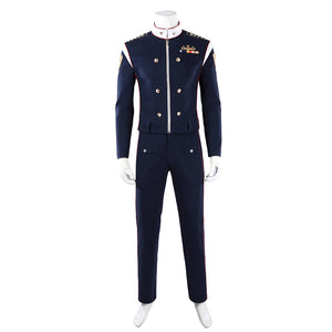The Boys Torpedo cosplay costume front view centers the high white collar and zippered navy jacket.
