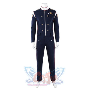 The Boys Torpedo cosplay costume front view centers the high white collar and zippered navy jacket.