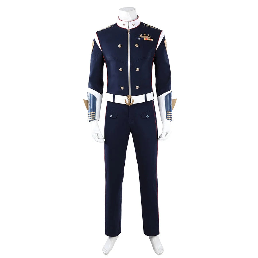 COSFUN The Boys Torpedo cosplay costume front view sets a navy uniform jacket over straight pants and white belt.