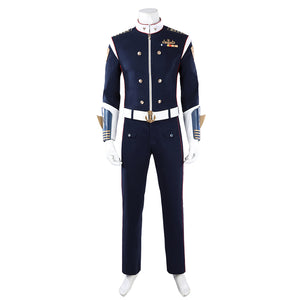 COSFUN The Boys Torpedo cosplay costume front view sets a navy uniform jacket over straight pants and white belt.