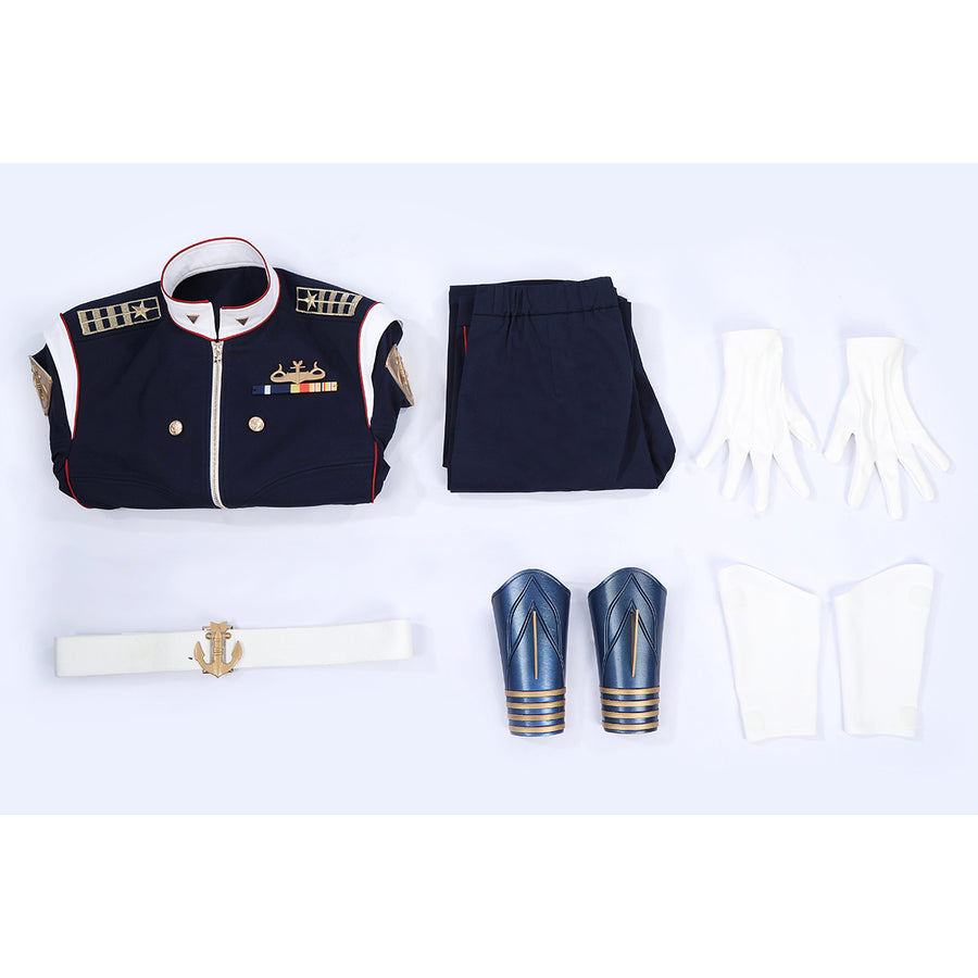 The Boys Torpedo cosplay costume set flat lay gathers the navy uniform pieces and white accessories.