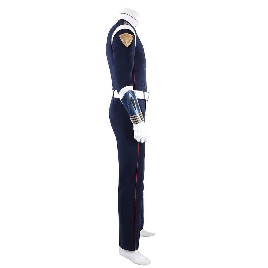 The Boys Torpedo cosplay costume side view lines the navy uniform with red piping and shoulder badge.