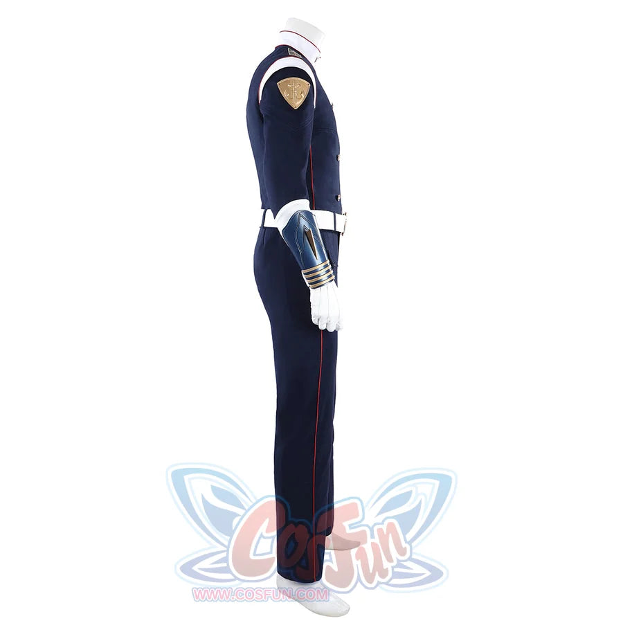 The Boys Torpedo cosplay costume side view lines the navy uniform with red piping and shoulder badge.