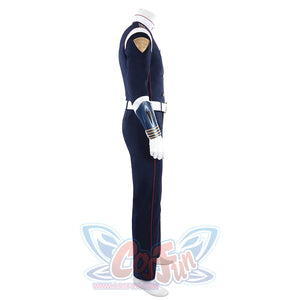 The Boys Torpedo cosplay costume side view lines the navy uniform with red piping and shoulder badge.