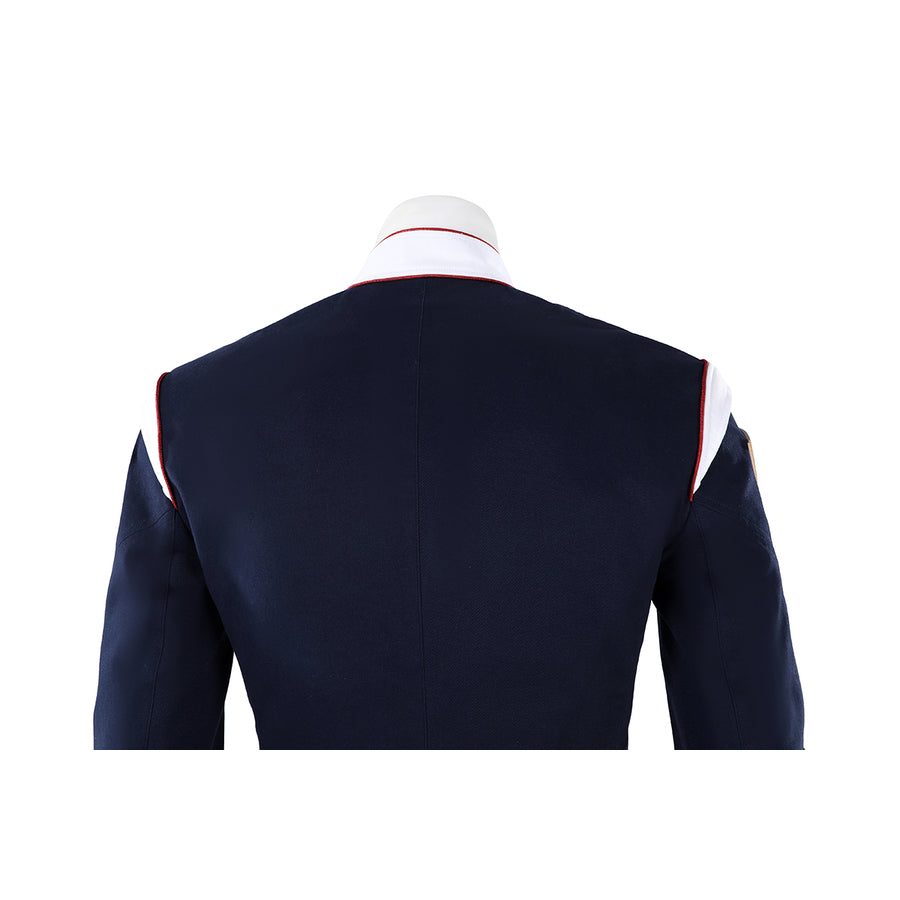 The Boys Torpedo cosplay jacket back detail keeps a plain navy panel under the white collar.