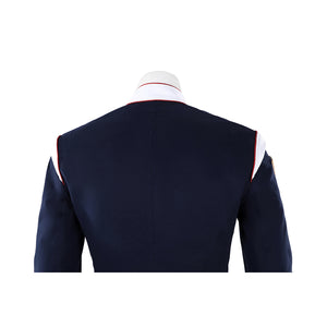 The Boys Torpedo cosplay jacket back detail keeps a plain navy panel under the white collar.