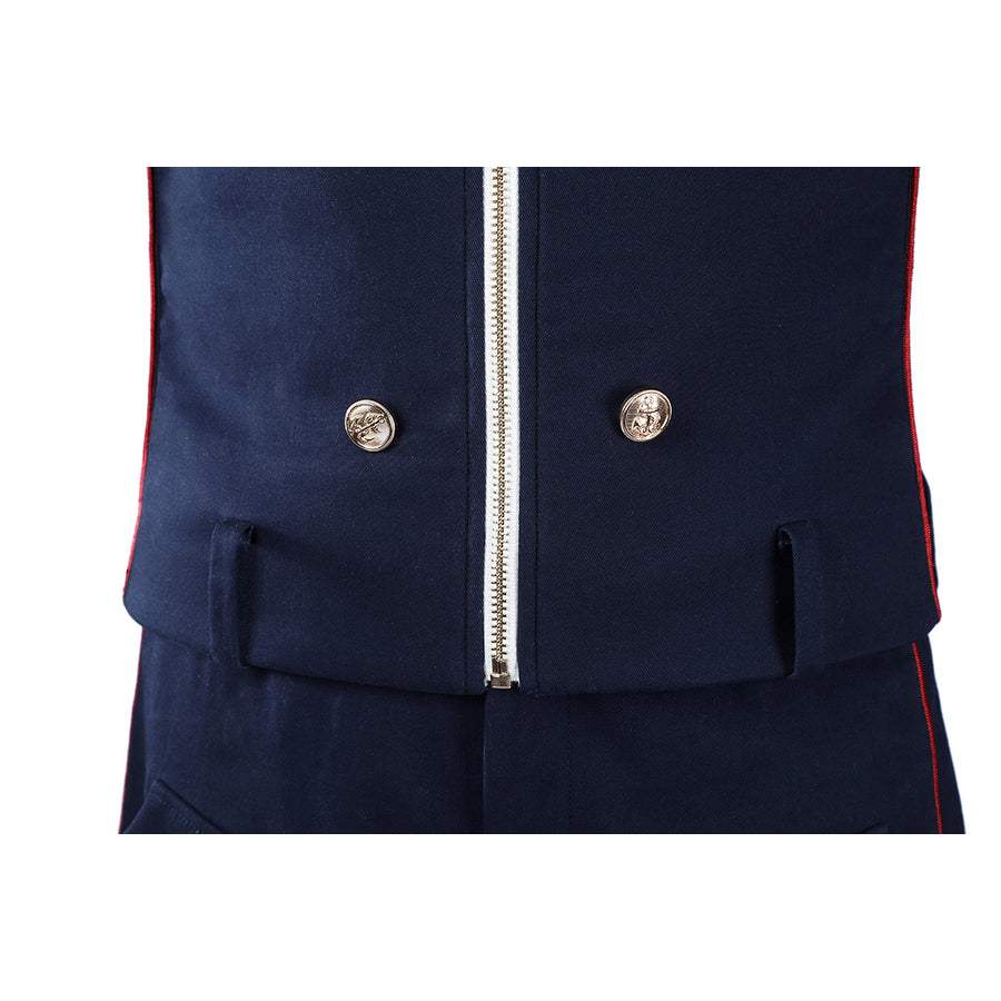 The Boys Torpedo cosplay jacket zipper detail anchors gold-tone buttons beside dark navy fabric.
