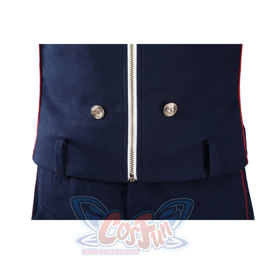 The Boys Torpedo cosplay jacket zipper detail anchors gold-tone buttons beside dark navy fabric.
