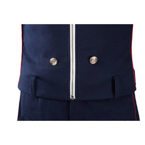 The Boys Torpedo cosplay jacket zipper detail anchors gold-tone buttons beside dark navy fabric.