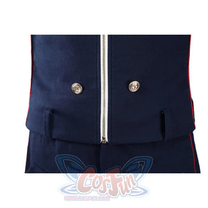 The Boys Torpedo cosplay jacket zipper detail anchors gold-tone buttons beside dark navy fabric.