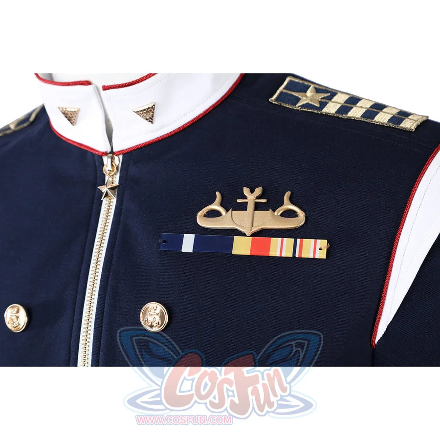The Boys Torpedo cosplay jacket medal detail anchors ribbon bars beneath a gold-tone chest emblem.