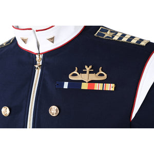 The Boys Torpedo cosplay jacket medal detail anchors ribbon bars beneath a gold-tone chest emblem.