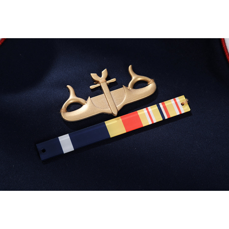 The Boys Torpedo cosplay chest badge detail places medal bars under a gold-tone uniform emblem.
