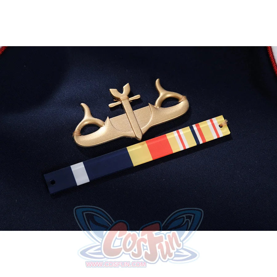 The Boys Torpedo cosplay chest badge detail places medal bars under a gold-tone uniform emblem.