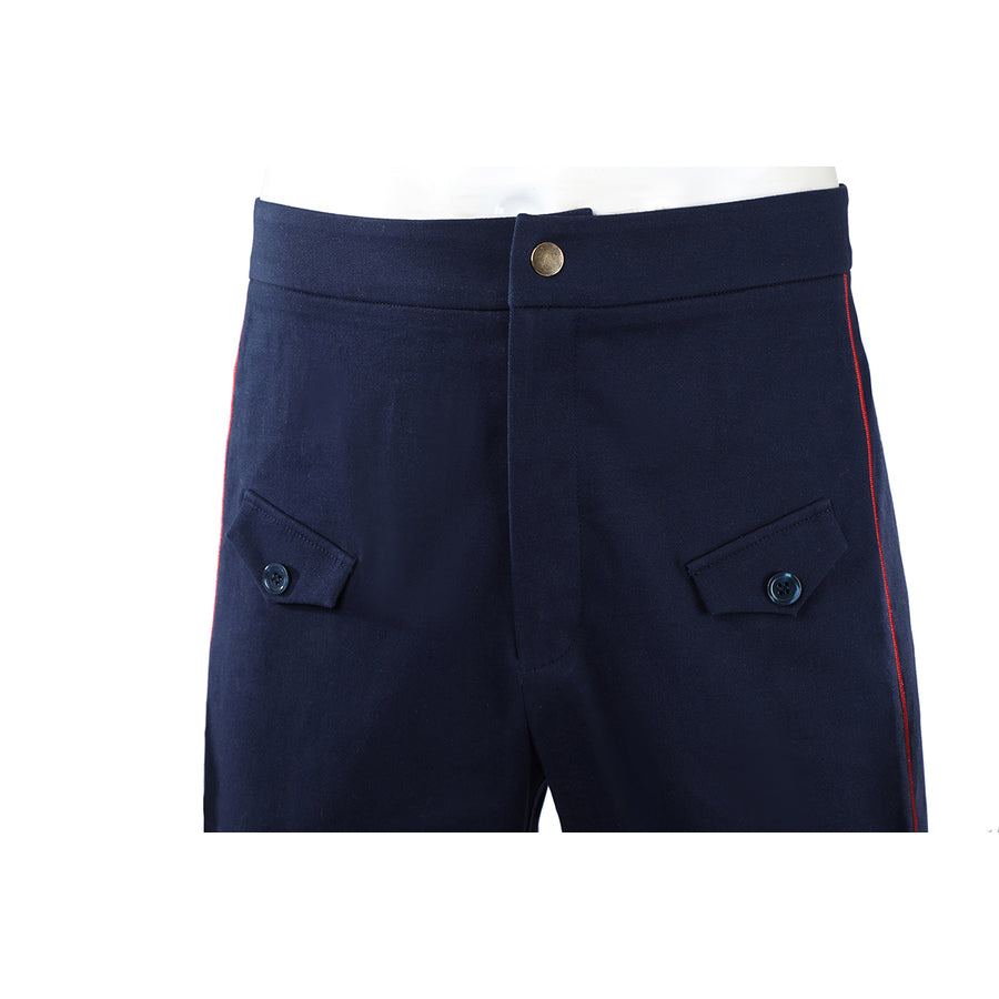 The Boys Torpedo cosplay pants front detail places buttoned pocket flaps along navy trousers.