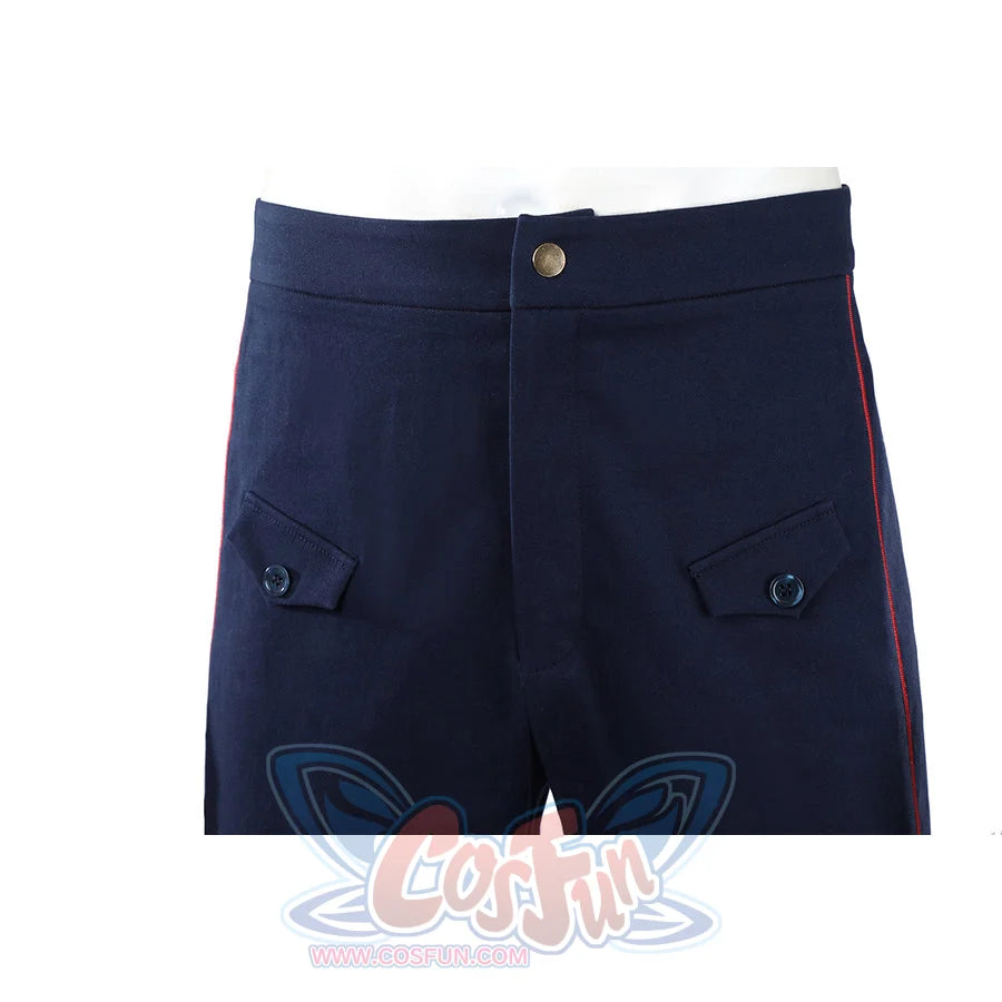 The Boys Torpedo cosplay pants front detail places buttoned pocket flaps along navy trousers.