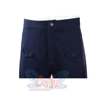 The Boys Torpedo cosplay pants front detail places buttoned pocket flaps along navy trousers.