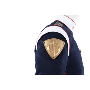 The Boys Torpedo cosplay sleeve badge detail centers a gold-tone anchor shield on the shoulder.