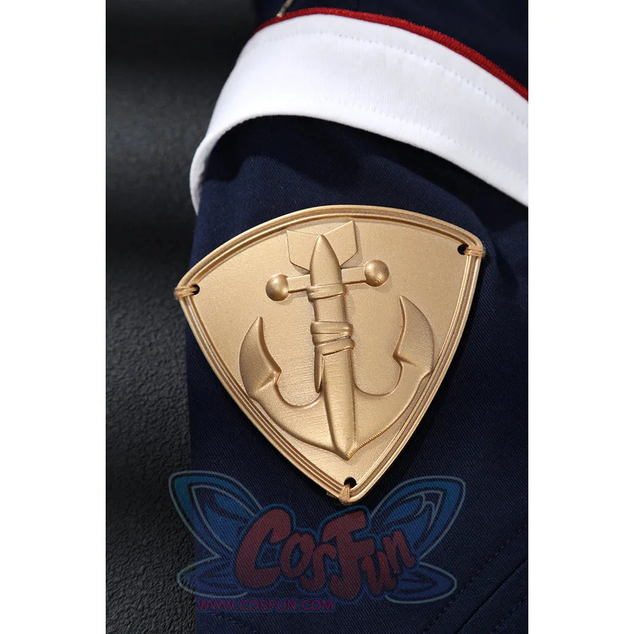 The Boys Torpedo cosplay shoulder patch close-up carries an anchor motif on a navy sleeve.