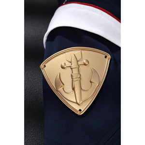 The Boys Torpedo cosplay shoulder patch close-up carries an anchor motif on a navy sleeve.