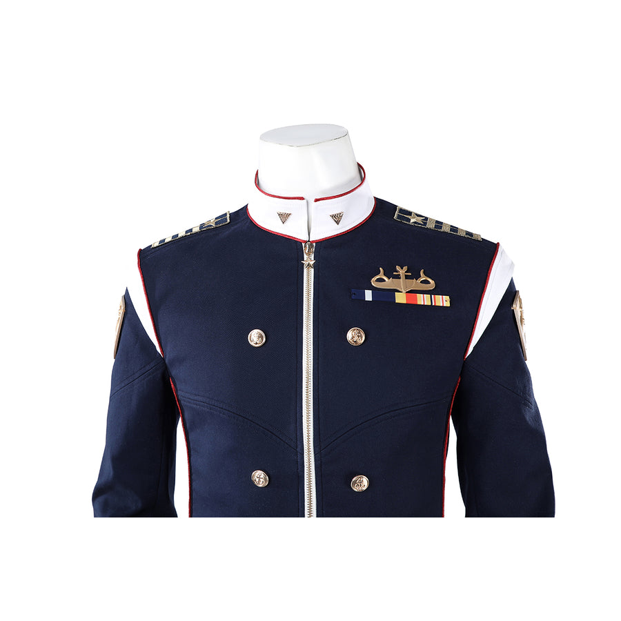 The Boys Torpedo cosplay jacket upper detail frames medal bars and gold-tone buttons on navy fabric.