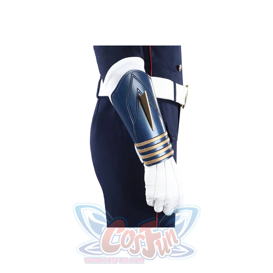 The Boys Torpedo cosplay wrist guard worn view layers blue faux leather over a white glove.