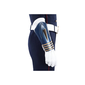 The Boys Torpedo cosplay wrist guard worn view layers blue faux leather over a white glove.
