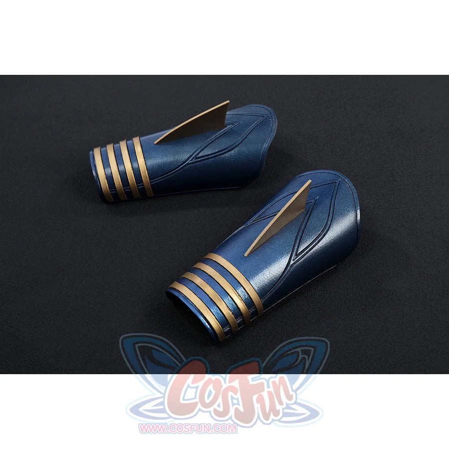 The Boys Torpedo cosplay wrist guards flat lay pairs blue cuffs with gold-tone stripes.