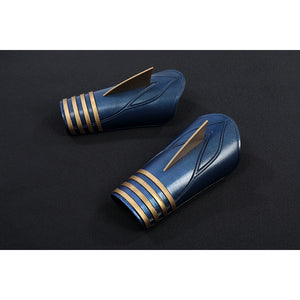 The Boys Torpedo cosplay wrist guards flat lay pairs blue cuffs with gold-tone stripes.