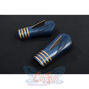 The Boys Torpedo cosplay wrist guards flat lay pairs blue cuffs with gold-tone stripes.