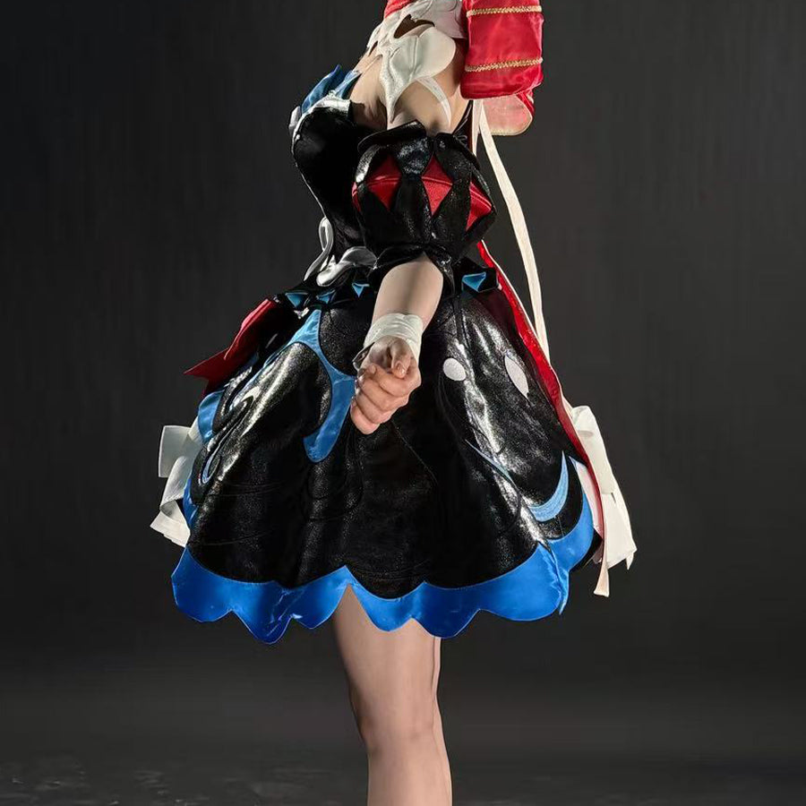 Honor of Kings Angela cosplay dress anchors scalloped blue hem and red epaulet in a detailed costume view.