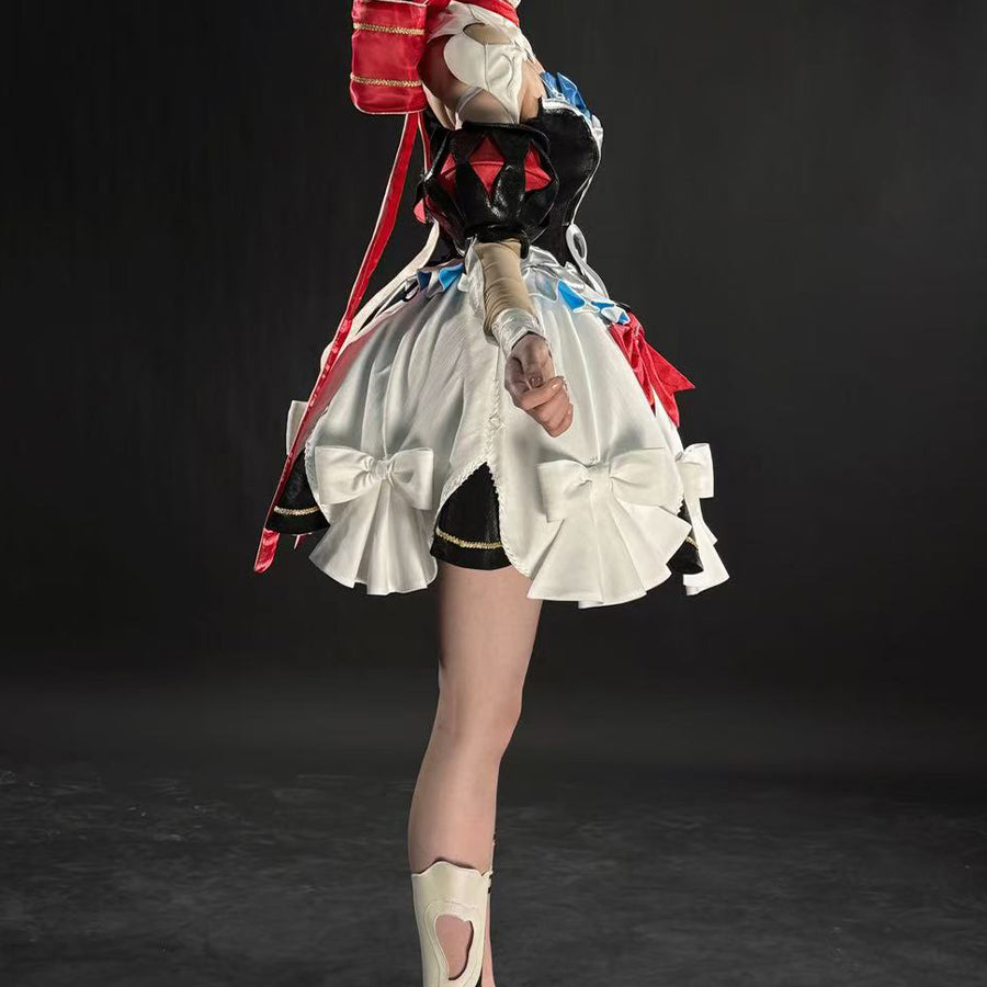 Honor of Kings Angela cosplay uniform sets a red gold-trimmed headpiece above ruffled white-black dress and voluminous waist.
