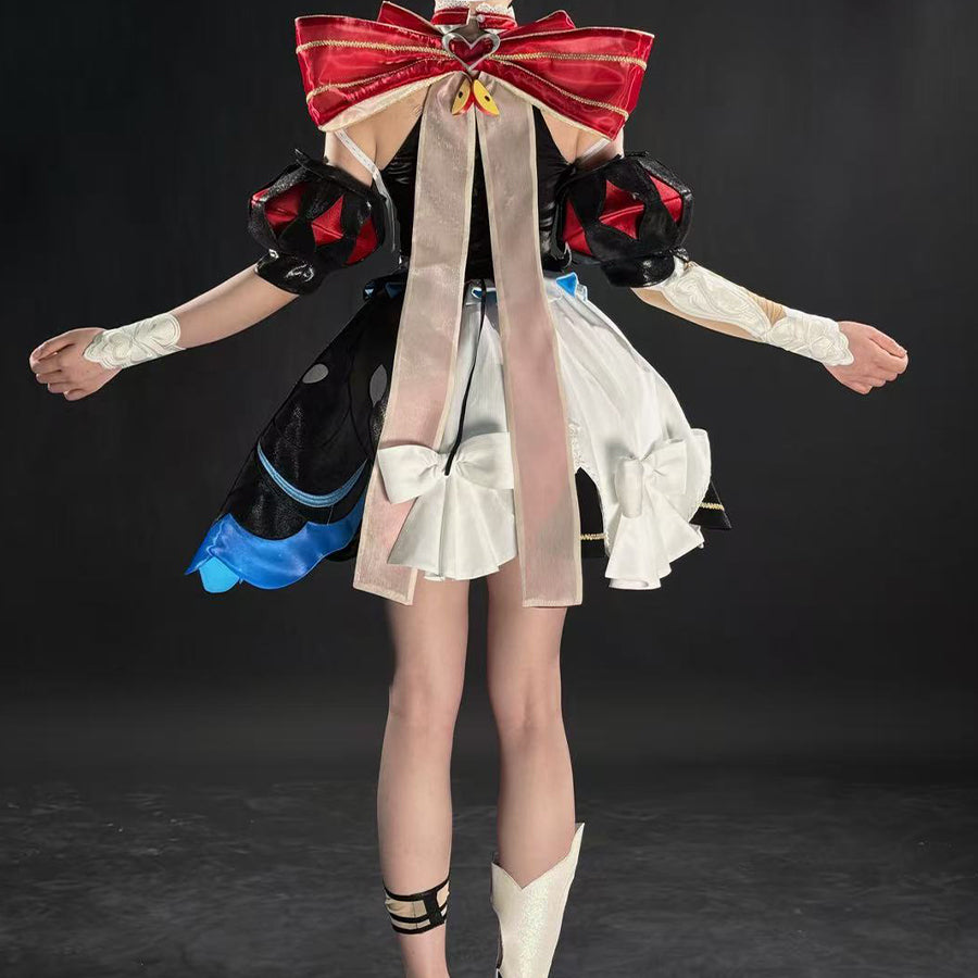 Honor of Kings Angela cosplay outfit pairs a red back bow and asymmetrical black-white-blue skirt with embossed wrist cuffs.