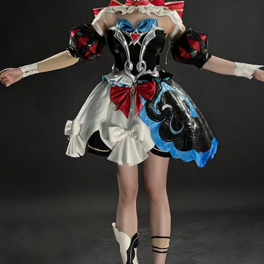 COSFUN Honor of Kings Angela cosplay costume layers asymmetrical red-black puff sleeves over a silver-trimmed bodice and.