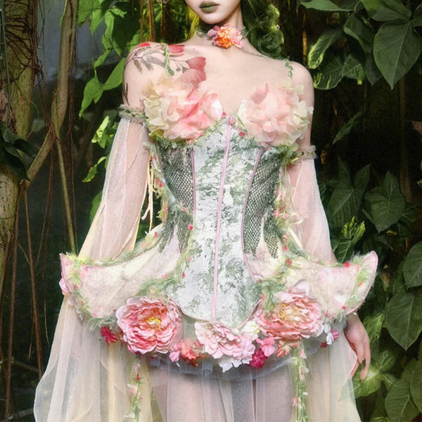 Forest Spirit Fairycore Woodland Green Pink Flower Spring Corset